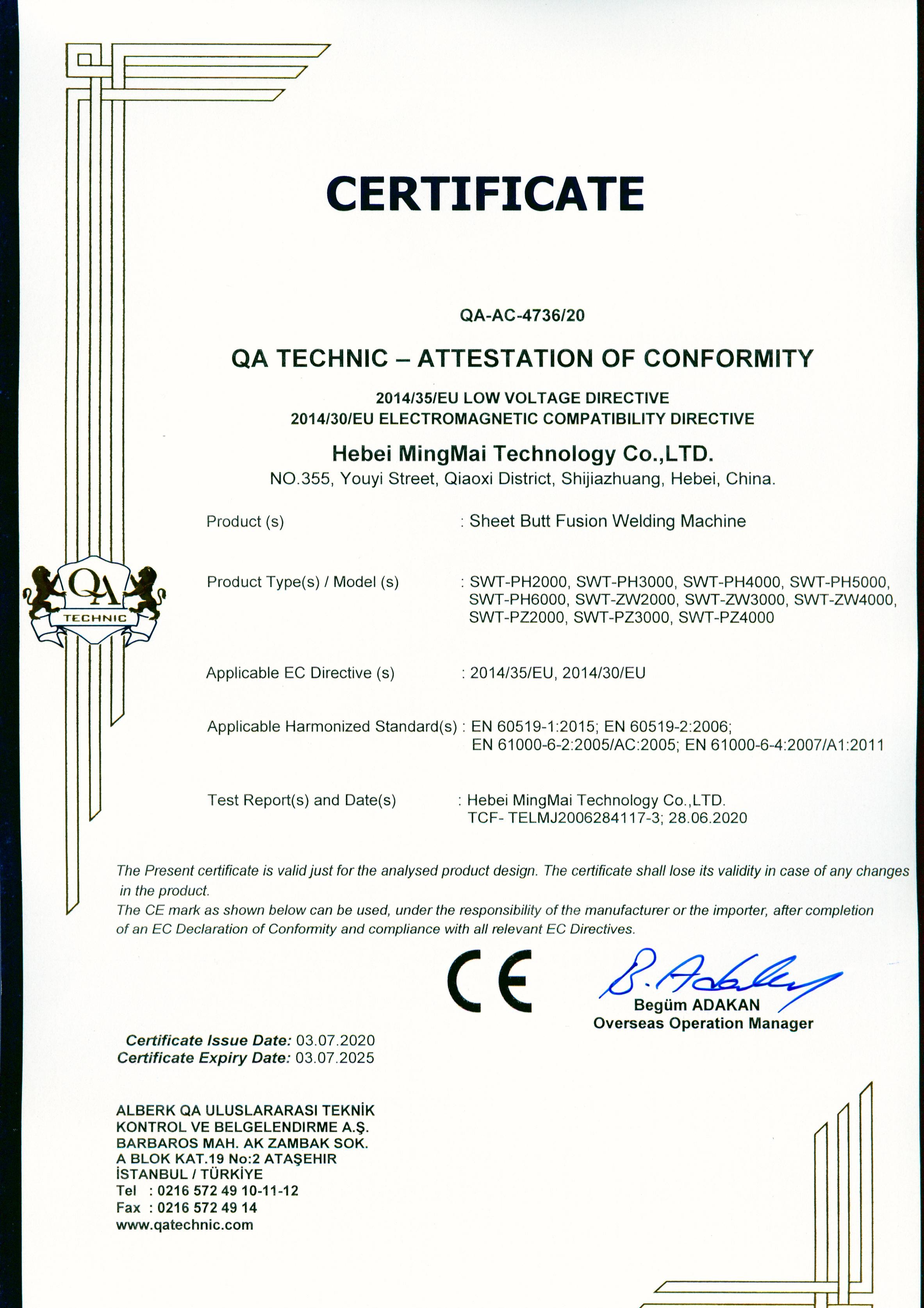 Cina Hebei Mingmai Technology Co.,Ltd Sertifikasi